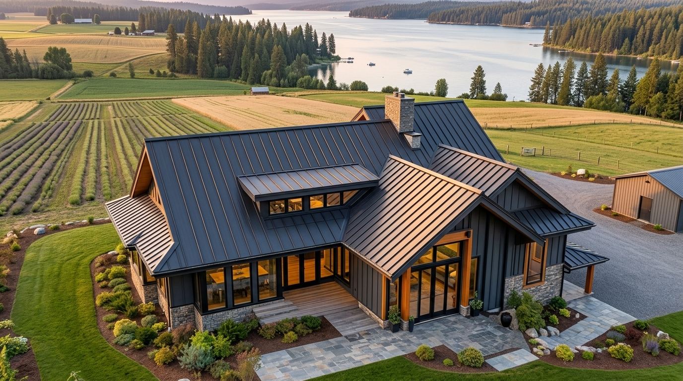Charcoal standing seam metal roof on a lakefront home in Sandpoint, Idaho