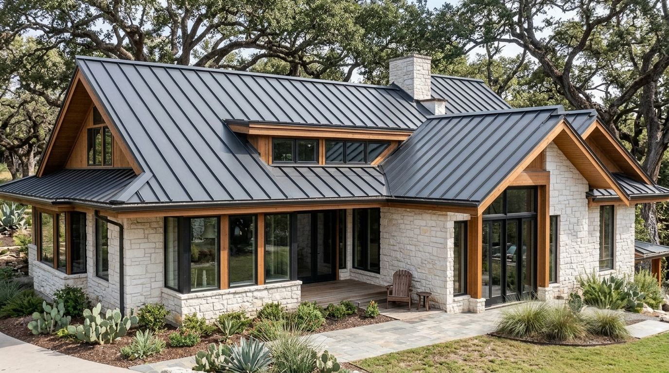 Charcoal standing seam metal roof on a limestone modern ranch in Dripping Springs, Texas