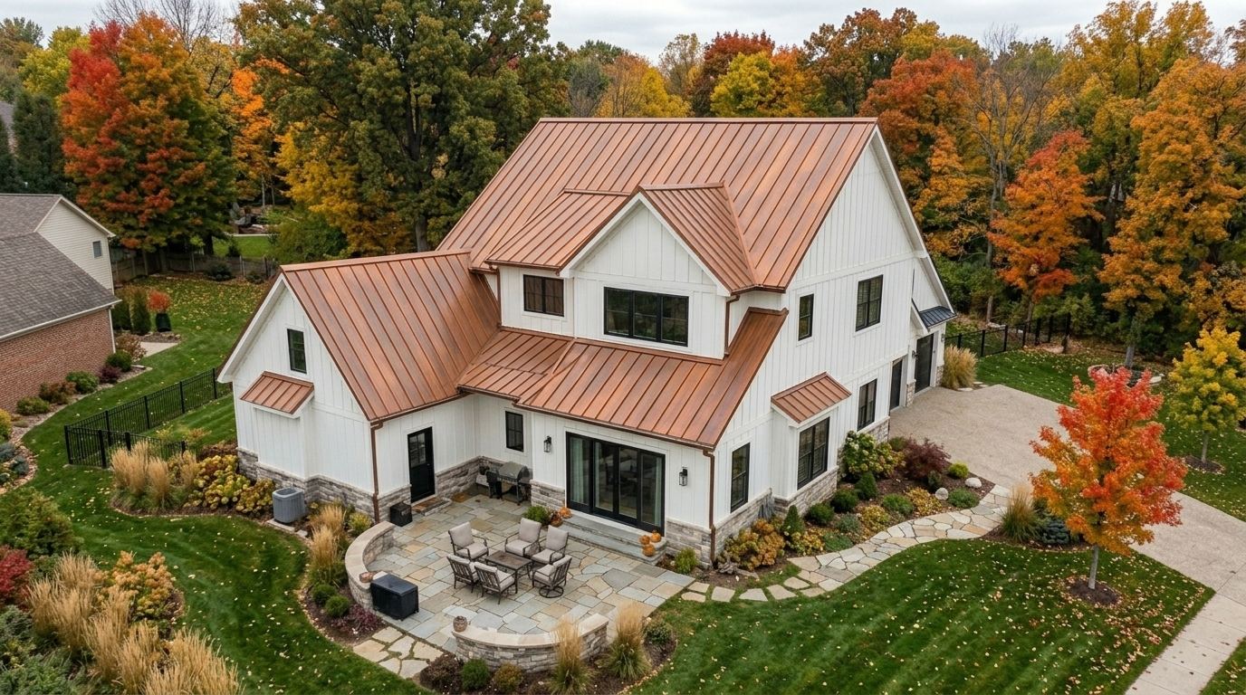 Copper standing seam metal roof on a white farmhouse in Ann Arbor, Michigan