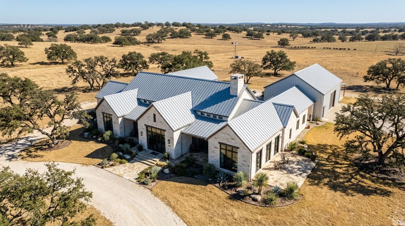 Galvalume standing seam metal roof on a Hill Country barndominium in Fredericksburg, Texas