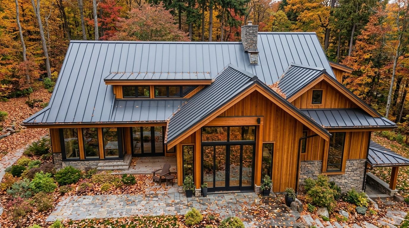 Graphite standing seam metal roof on a woodland retreat in Asheville, North Carolina