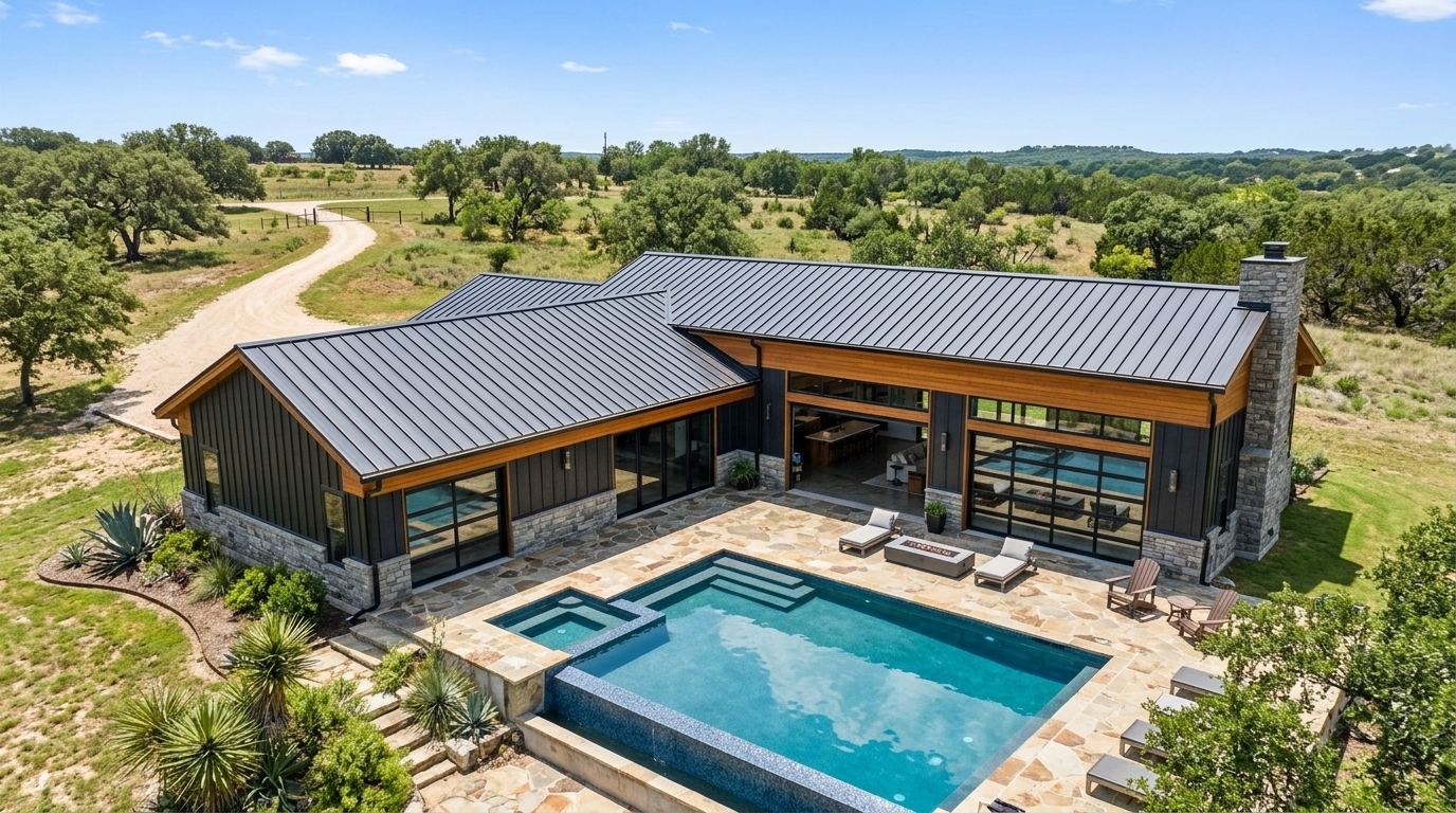 Matte black standing seam metal roof on a modern ranch home in Austin, Texas