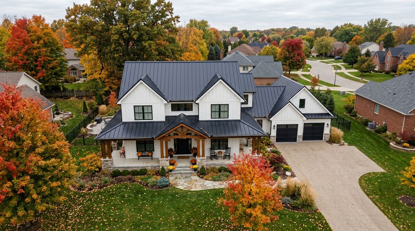 Slate blue standing seam metal roof on a modern farmhouse in Grand Rapids, Michigan