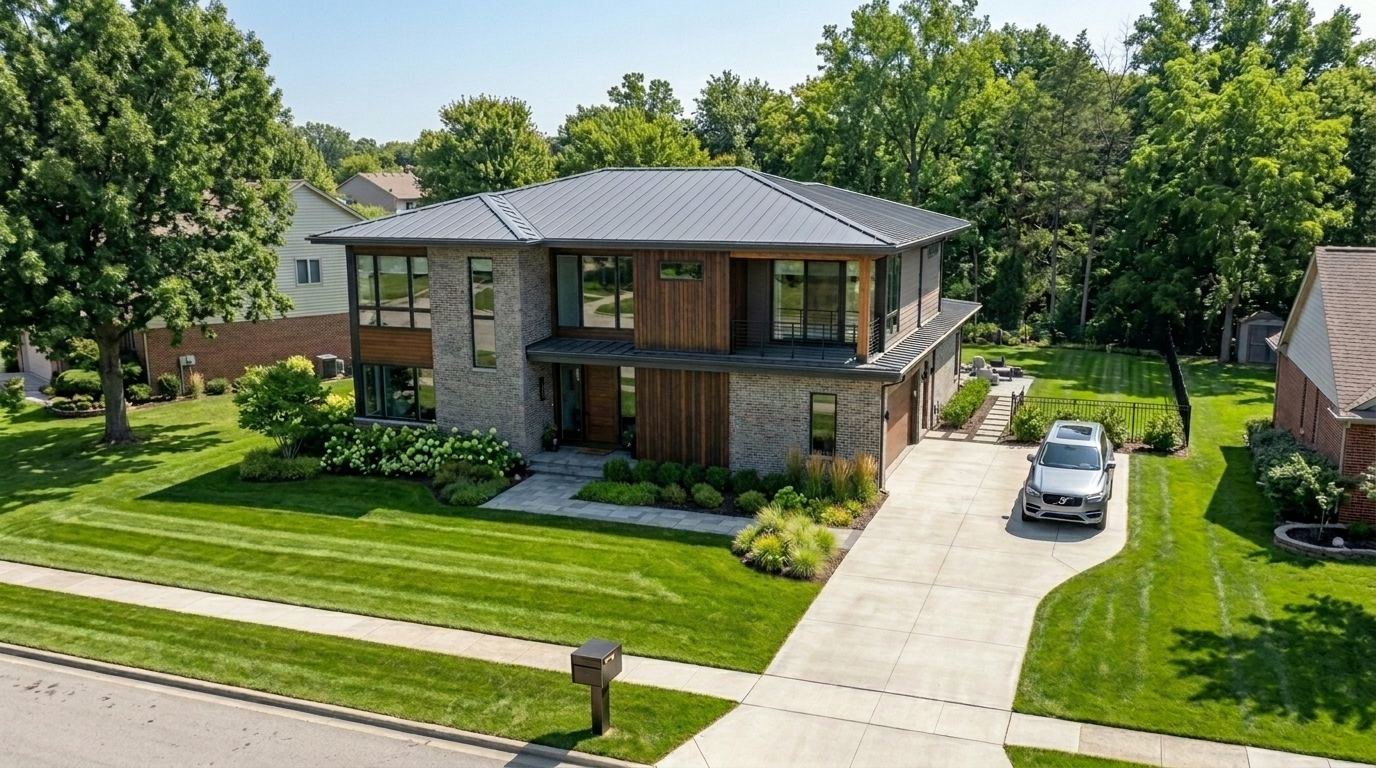 Zinc gray metal roof on a modern suburban home in Columbus, Ohio